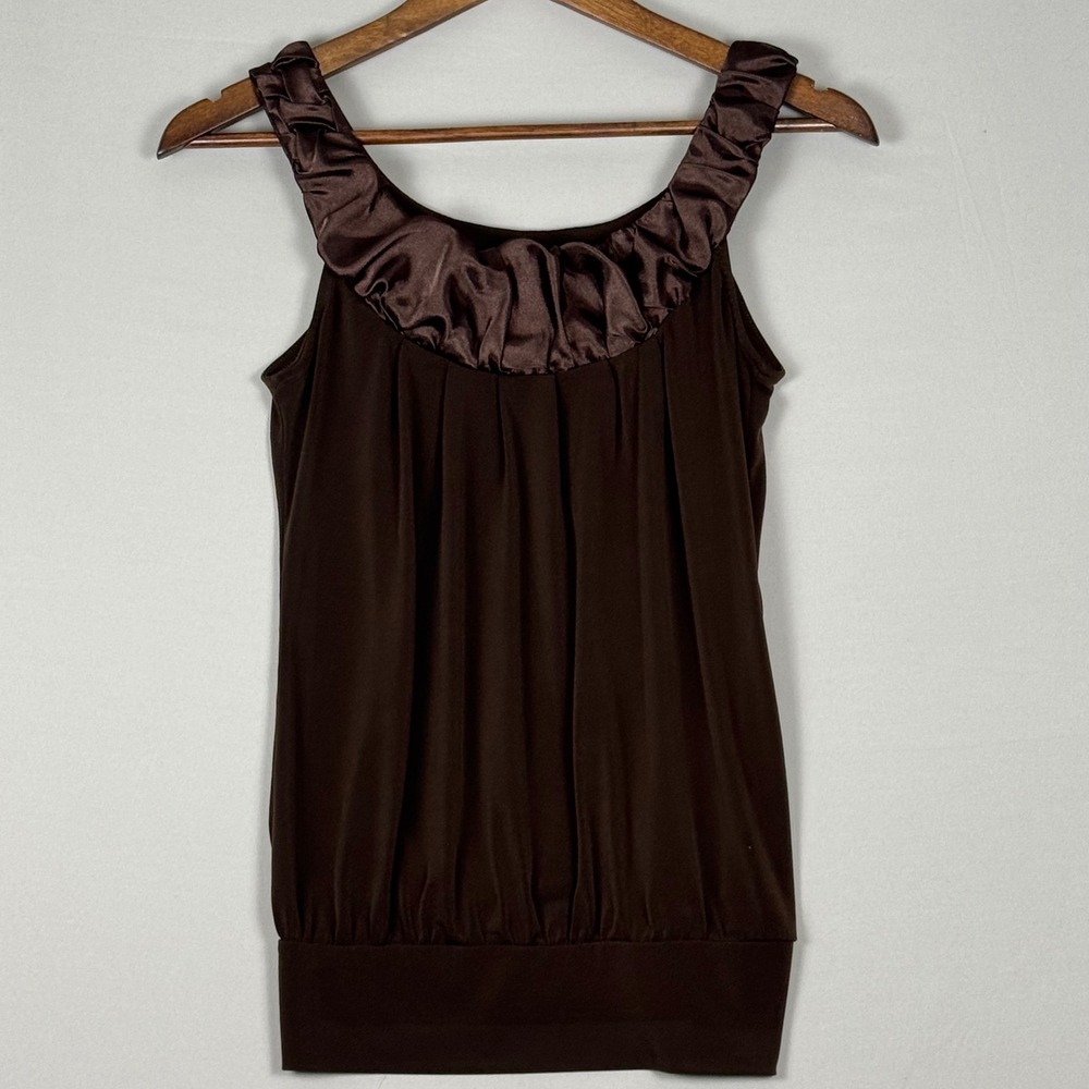 Heart Soul Tank Top Women Small Brown Excellent Y2K Satin Ruffle Made in USA